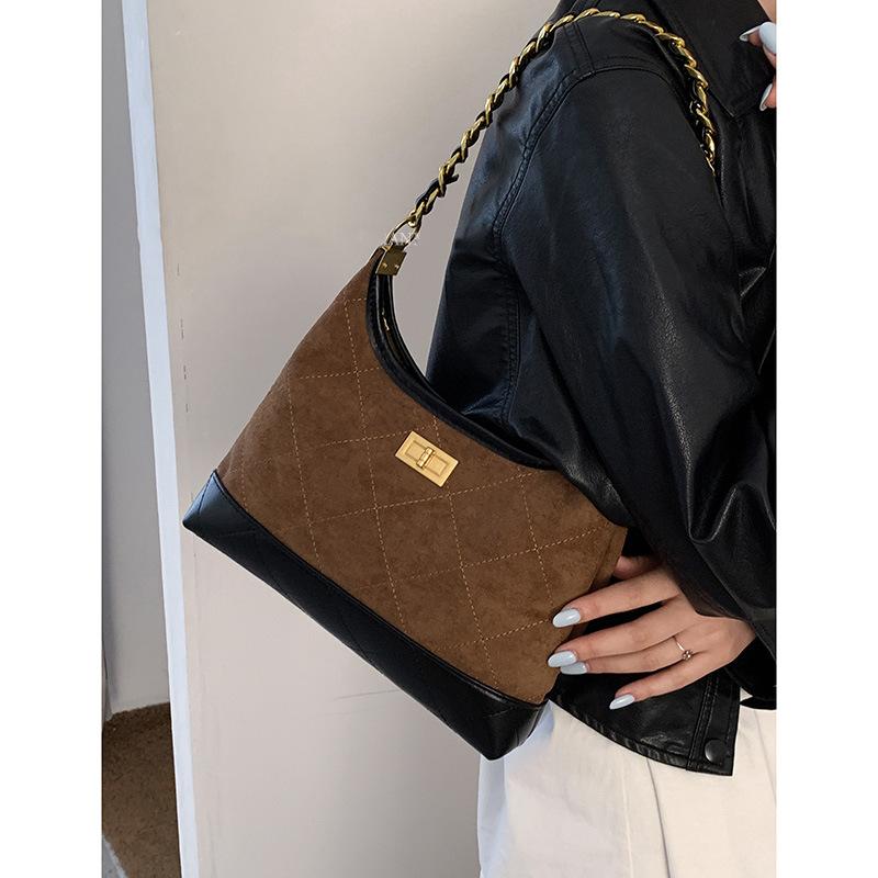 Vintage suede underarm bag women's 2025 new trendy fashion Korean small fragrance style rhombus chain bag crossbody bag