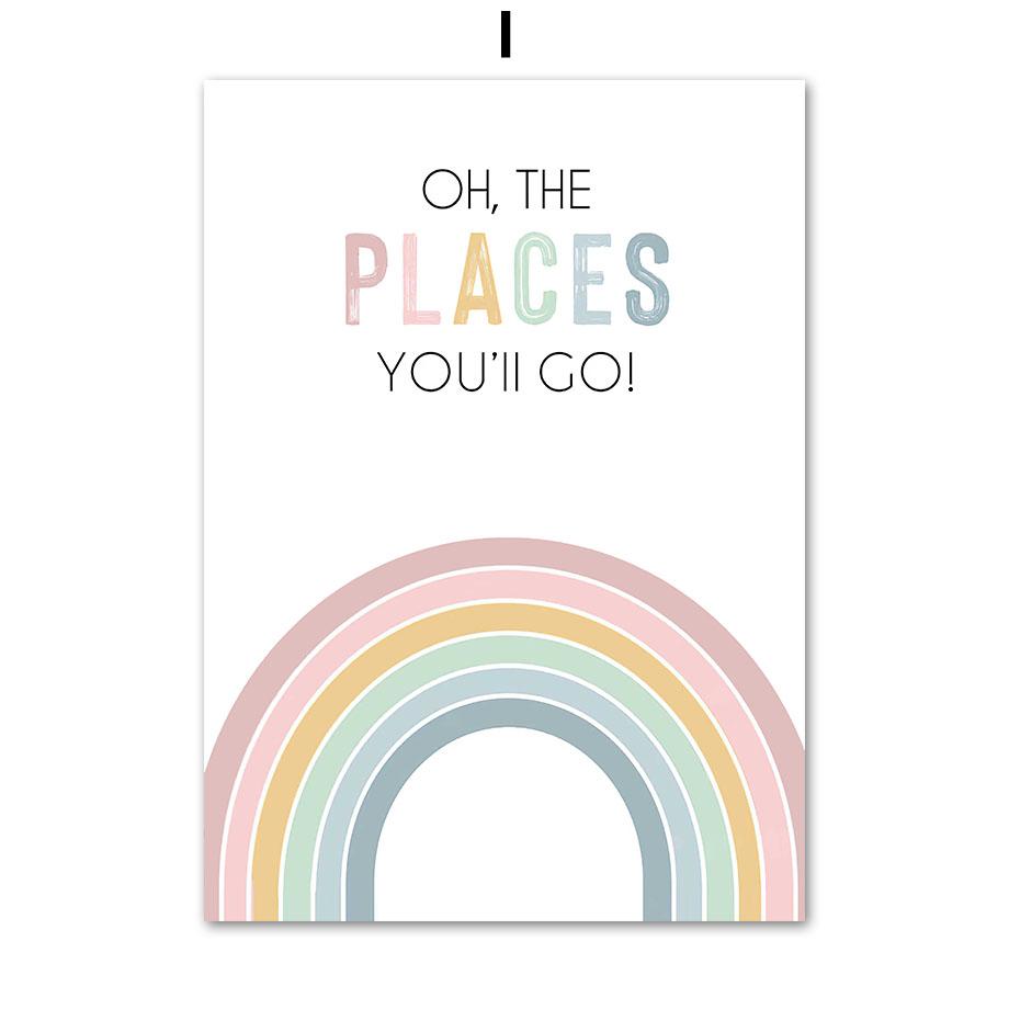 Pink Mountain Sun Rainbow Quote Bohemian Nursery Nordic Posters, Wall Art Canvas Painting Pictures, Perfect for Baby Kids Room