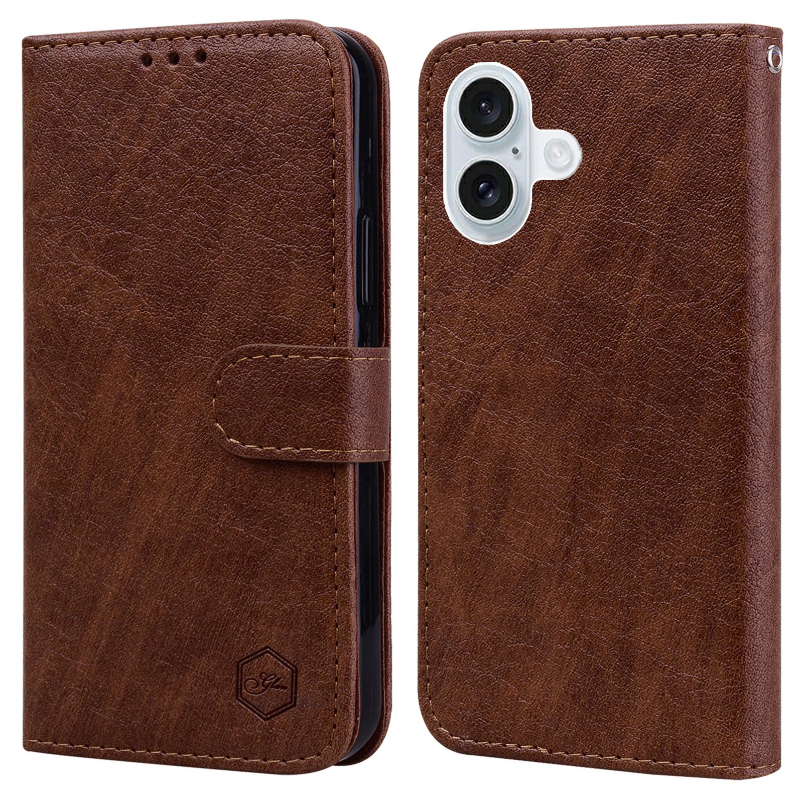 

For iPhone 16 Plus Case Solid Color Leather Folding Stand Wallet Leather Phone Cover Brown