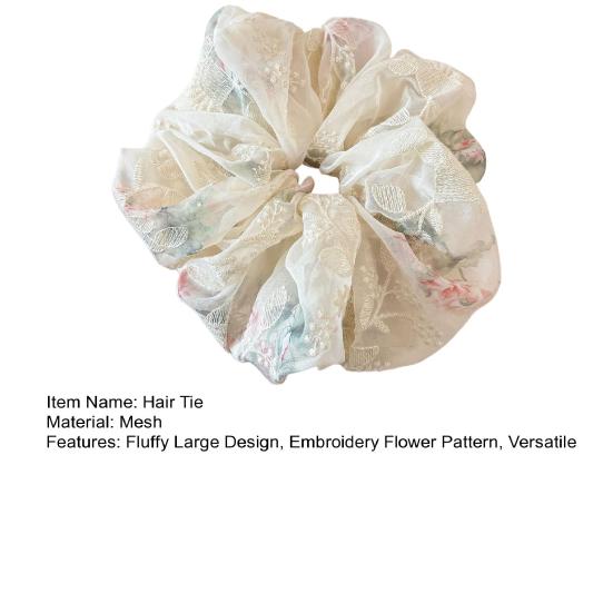 Hair Tie Embroidery Flower Pattern Mesh Yarn Large Hair Scrunchy Soft Elastic Ponytail Holder Non-Slip Hair Accessory