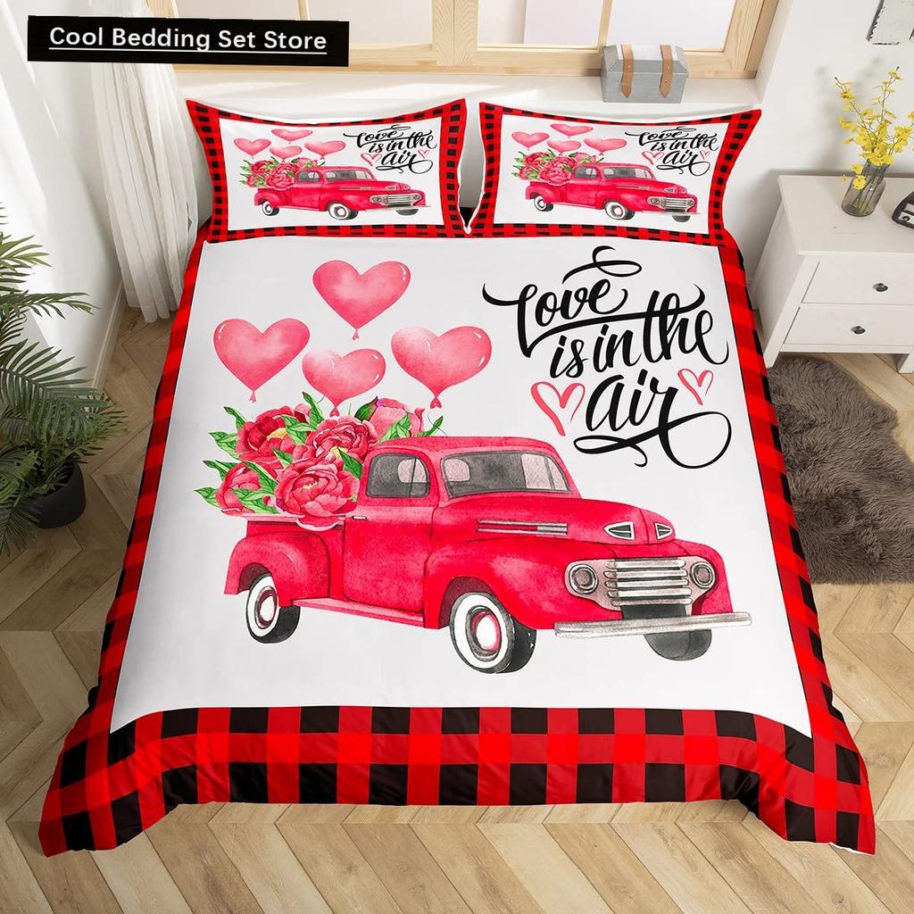 Valentinstag King Bettbezug Romantisches Bettwäsche-Set Kawaii Paar Wichtel Bettdeckenbezug Rosa Rosen Herzen Polyester Steppdeckenbezug