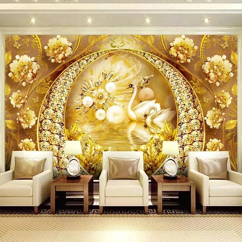 

3d Wall Murals Swan Lake Golden Jewelry Diamond Flower Wallpaper Luxury Living Room Sofa Tv Background Wall Mural 200 cm(W) x 140 cm(H)