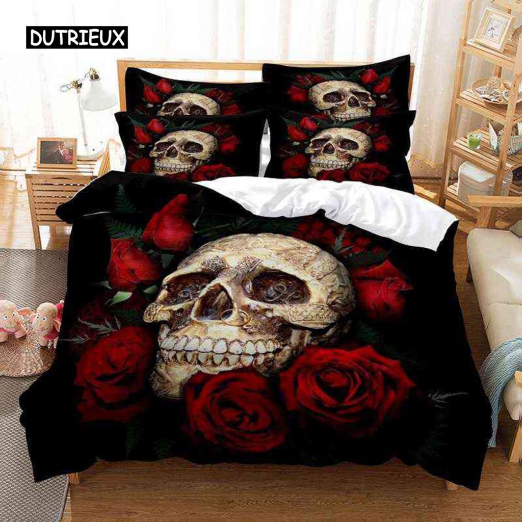 Skalle Dynetrekksett Twin Size Mikrofiber Oransje Ildskalle Sengetøy Barn Gutter 3D Skalle Design Mykt Komfortabelt Dundyne Trekk