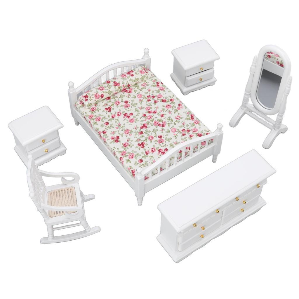 6pcs Set Dollhouse Bedroom Furniture 1:12 Scale Miniature Exquisite DIY Simulation Wooden Doll