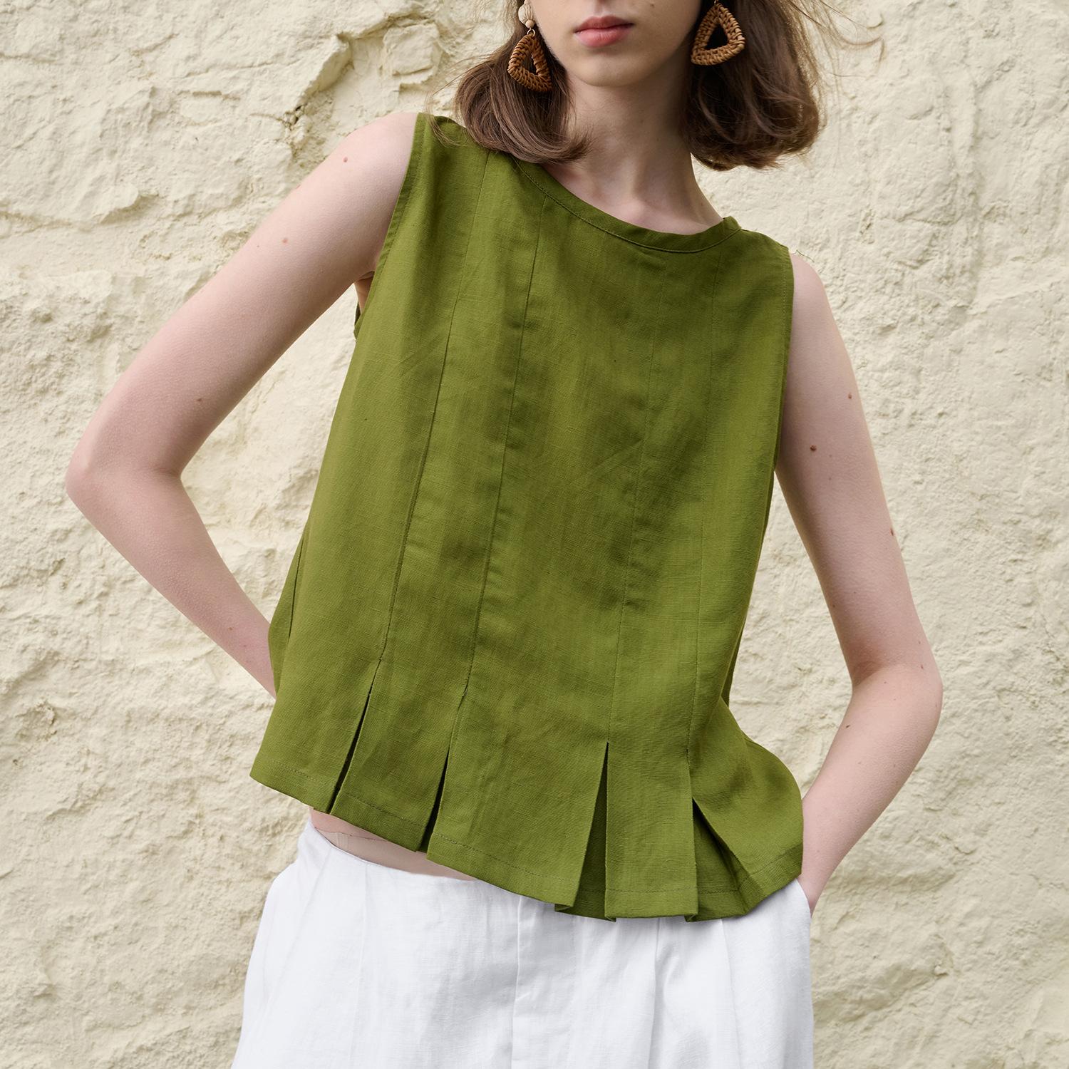 

Женский летний топ без рукавов - Премиальный лен, белый, плиссированный, с оборкой по низу, дышащий, с круглым вырезом, свободного кроя, элегантная летняя рубашка S зелёный