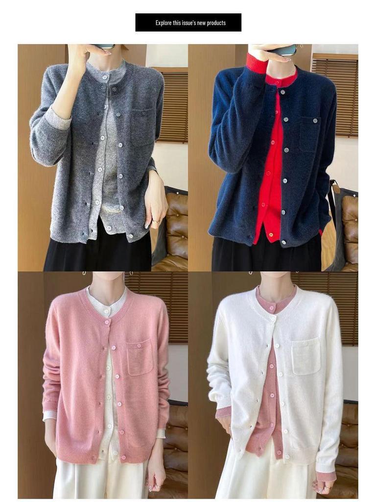 Women's 100% Wool Cardigan, Fake Two-Piece, Slimming Round Neck, Lazy Style Sweater Coat for Spring & Autumn