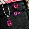 Fashion Charm Big Carat Rose Red Cubic Zirconia Ring Earrings Necklace Ladies Elegant Bridal Engagement Anniversary Jewelry Sets
