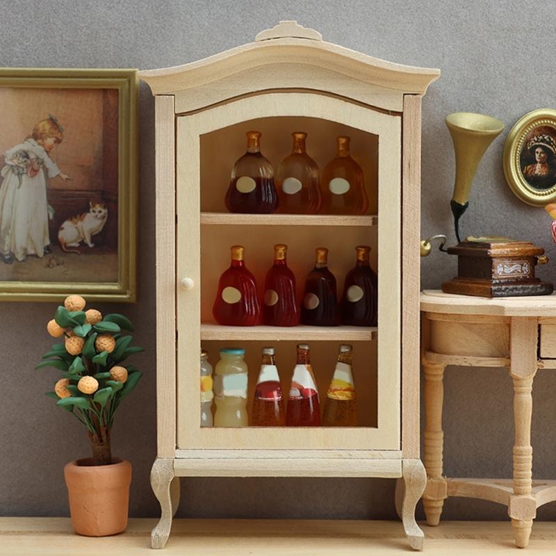 Wood Cabinet Toy Figure Display Shelf Model Realistic Vintage Realistic Doll House Pretend Girls Gift Realistic Cabinet