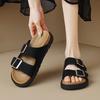 Fashion Double Belt Buckle Slides Shoes Ladies Casual Slip On Leather Sandals Woman Clogs Pantuflas Barefoot Flipflops Femmes Slippers