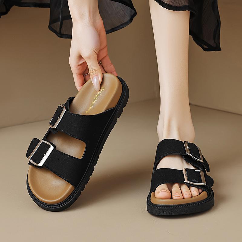 Fashion Double Belt Buckle Slides Shoes Ladies Casual Slip On Leather Sandals Woman Clogs Pantuflas Barefoot Flipflops Femmes Slippers