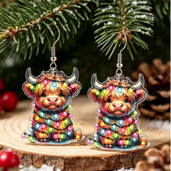Childlike Festive Style Jewelry 1 Pair Acrylic Highland Cow Christmas Earrings for Women, Cute Scottish Cattle Holiday Gift Her Dangle Drop Earrings,