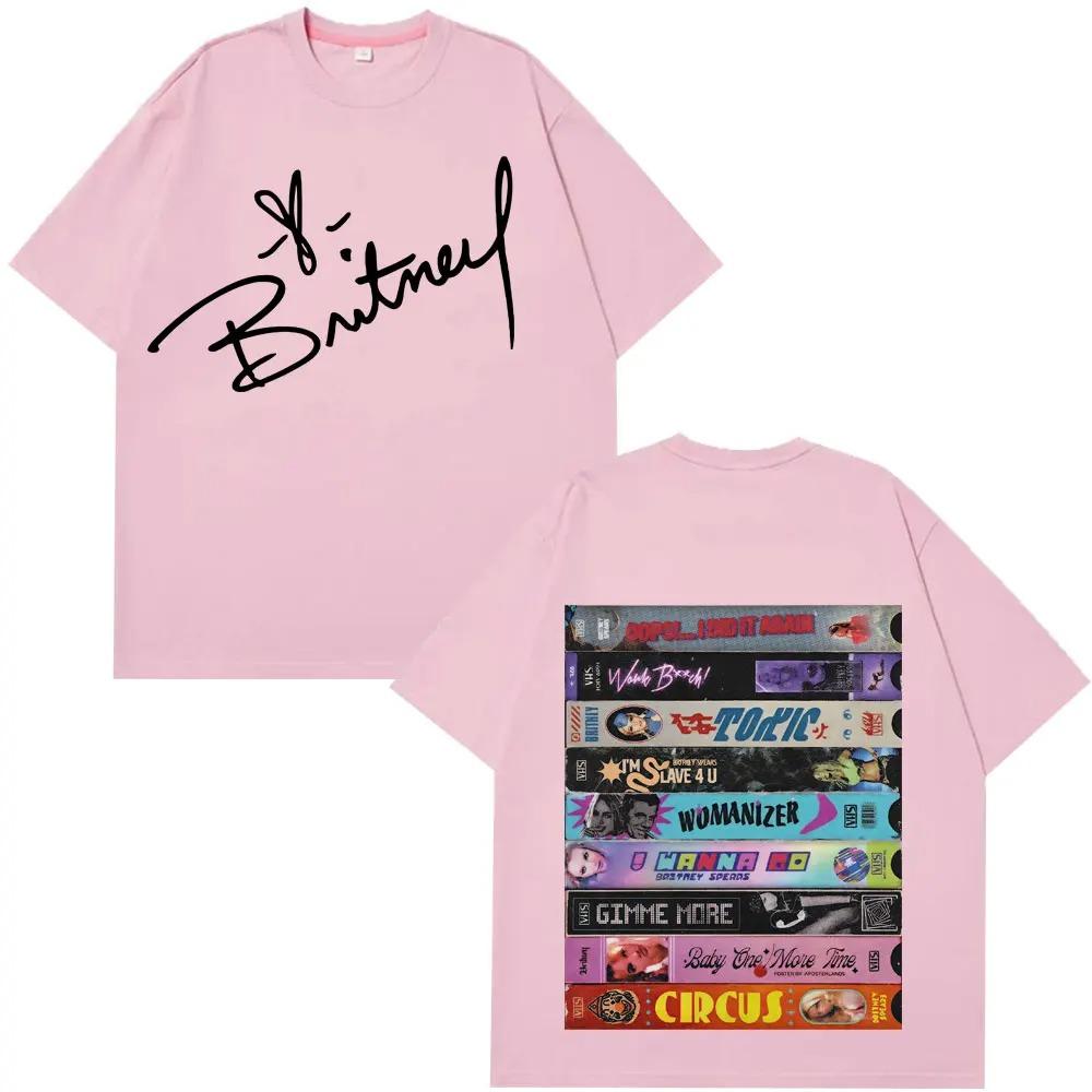 Britney Spears Unterschrift & Klassiker Kassette Doppel-Sided Übergroßes T-Shirt, Unisex 2000er Pop Fan Streetwear Tee, 100% Baumwolle Lässiges Kurzes Shirt