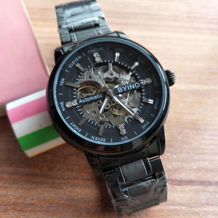 BYINO All Black Mechanical Skeleton Watch with Transparent Back and Steel Band - Unisex Wristwatch