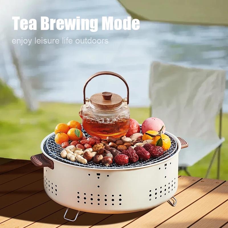 Tragbarer Holzkohlegrill, rauchfreier Grill, kleiner runder Tischgrill für den Außenbereich, antihaftbeschichtet, für Camping, Picknick, Garten