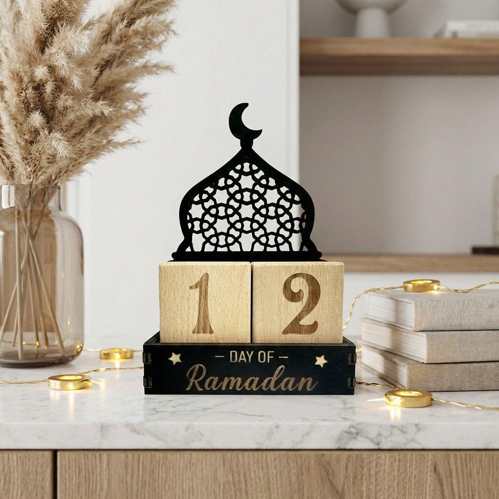 Wooden Eid Mubarak Calendar Blocks Adjustable Dates Moon Castle Ramadan Countdown Calendar Decorative Eid Al-Fitr Calendar