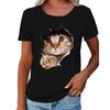 2024 Spring/Summer Women's Crew Neck Ripped Cat Graphic Loose Short Sleeve T-shirt.