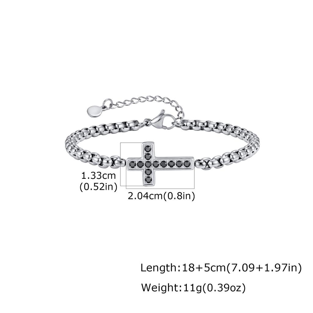 Stylsih Stainless Steel Men's Bracelet,Black Zircon Cross Charm Adjustbale Chain Wristbandk,Hip Hop Father's Day Gift for Him