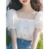 New Summer French Style High-End Unique Casual White Square Collar Puff Sleeve Shirt