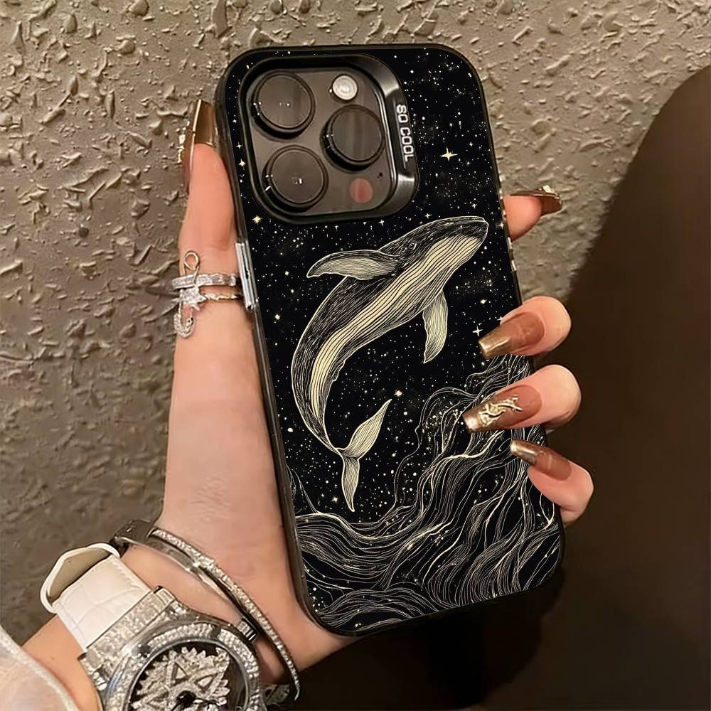 Line W-Whale Phone Case For iPhone 17,16,15,14,13,12,11 Plus,Pro Max,XS,Colored Silver Plated Inside Cover