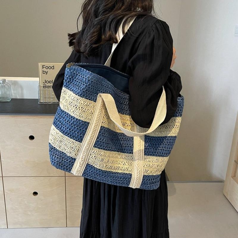 New Contrasting Straw Bag Portable Large-capacity Beach Bag Shoulder Casual Fashion Woven Bag Women's Bag