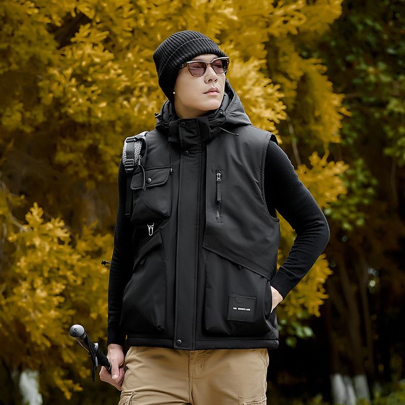 Men's Autumn Plush Thick Outdoor Multi Pocket Camisole Fishing Jacket Men's Multi Pocket Workwear Jacket