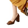 Women Retro Leather Platform Pumps Women Elegant Square Heels Mary Jane Shoes Female Design Metal Buckle High Heeled Shoes
