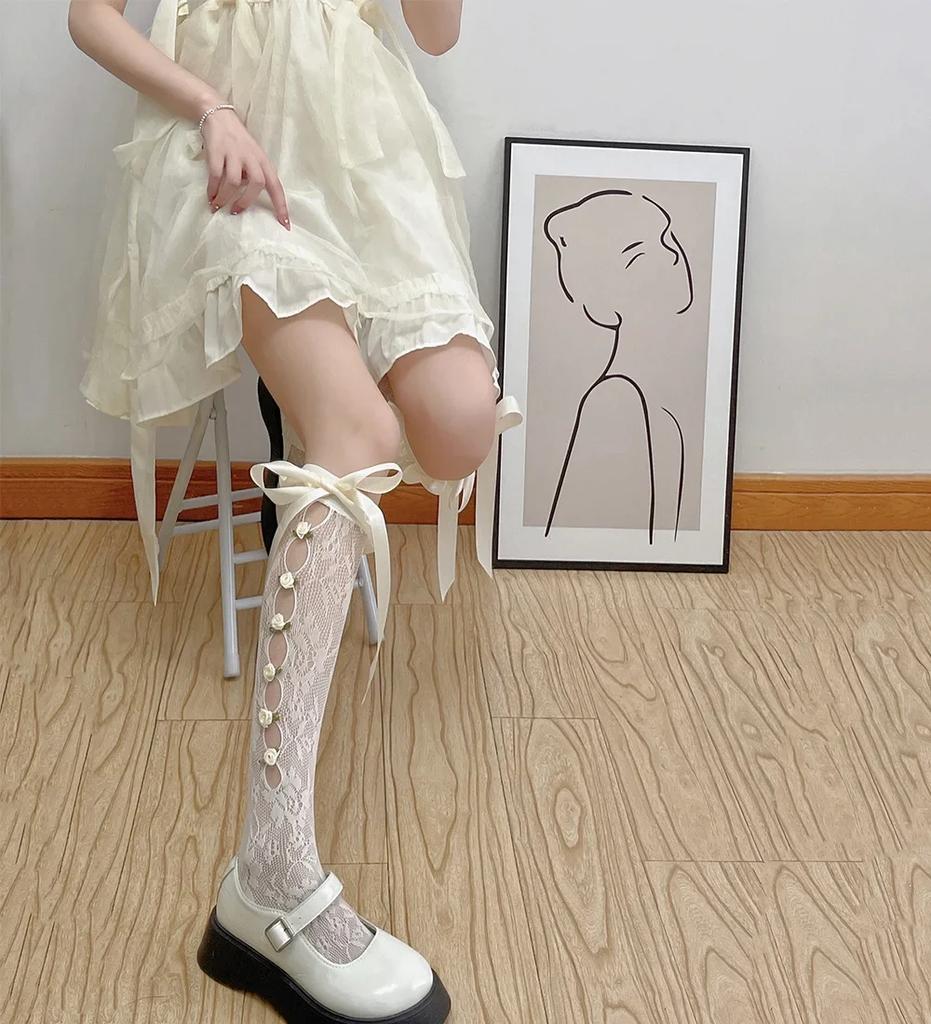 Women Sexy Lace Mesh White Black Fishnet Knee High Long Socks Lingerie Cute Gothic Style Ruffles Hollow Bow JK Lolita Stockings
