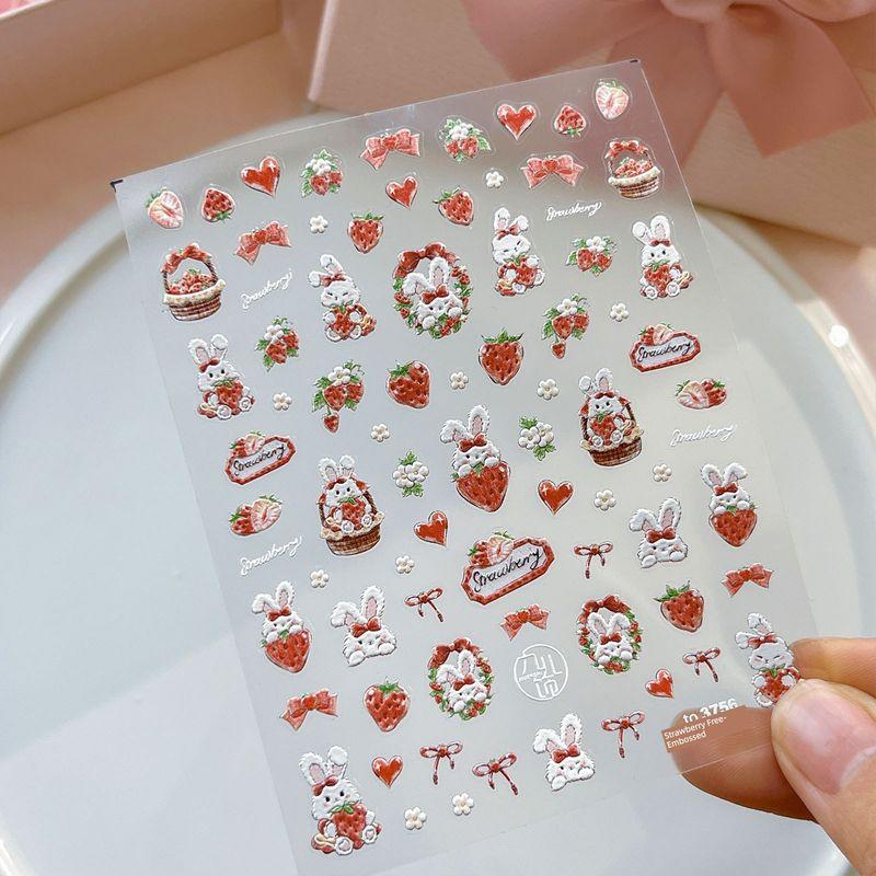 

Rabbit Nail Sticker Relief Sweet Cute Bunny Sticker Strawberry Flower Basket Nail Decals Three-Dimensional Bows Embossed Strawberry Sticker-TO3756