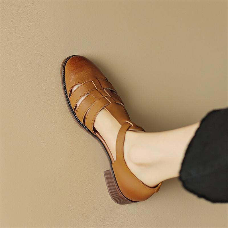 Fashion 2025 New Summer Sandals Split Leather French Retro Woman Shoes Chunky Heel Round Toe Sandals Shoes Handmade Casual Women Pumps