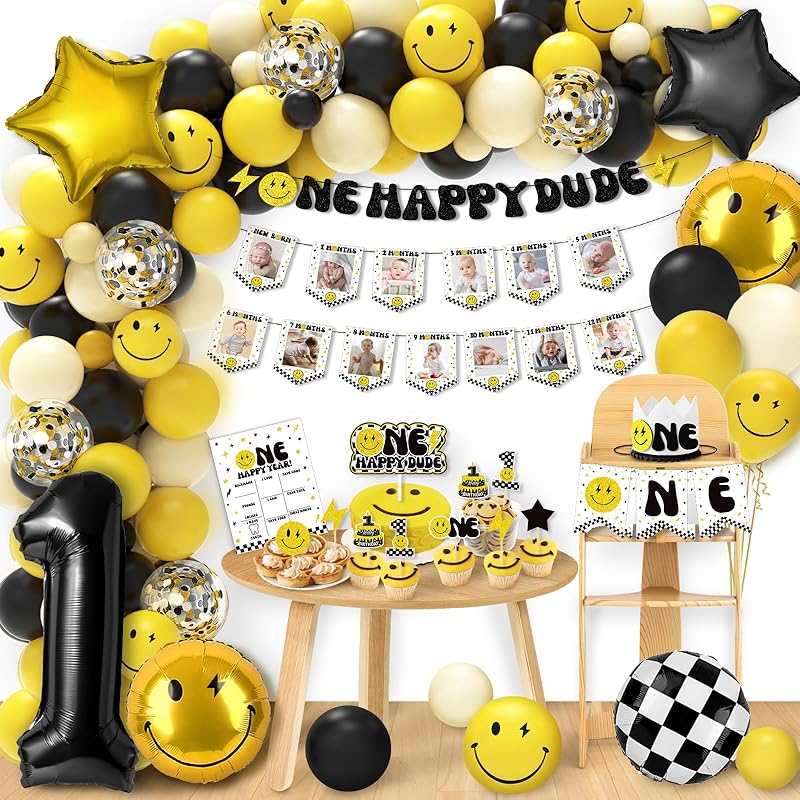 One Happy Dude Birthday Decorations - happy Face 1st Party Supplies, One Cool Dude 1st Birthday Balloons Arch Party Decor First Birthday Party Idea Black-yellow