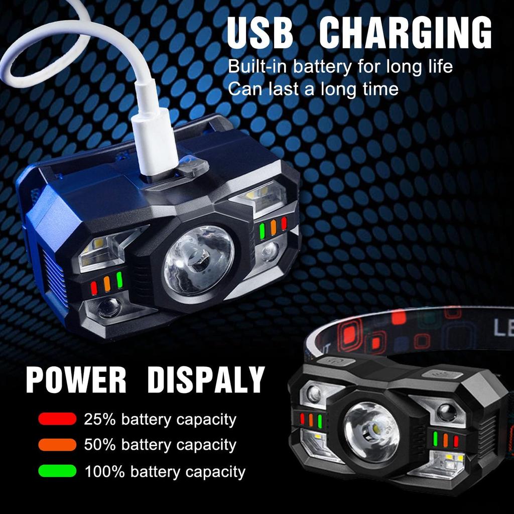 Starke Leuchte Stirnlampe Taschenlampe Wiederaufladbare Stirnlampe Verstellbare Stirnlampe mit Bewegungssensor Rotes Licht für Camping Radfahren Wandern