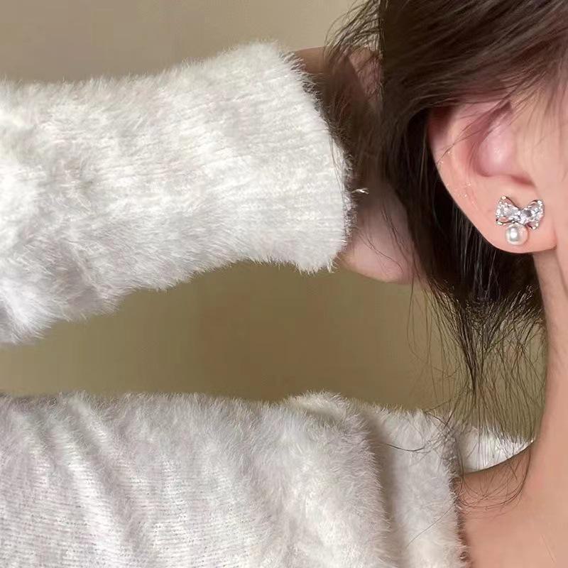 S925 Luxury Bow Zircon Earrings with Pearl Pendant for Women - 2025 Niche Design.