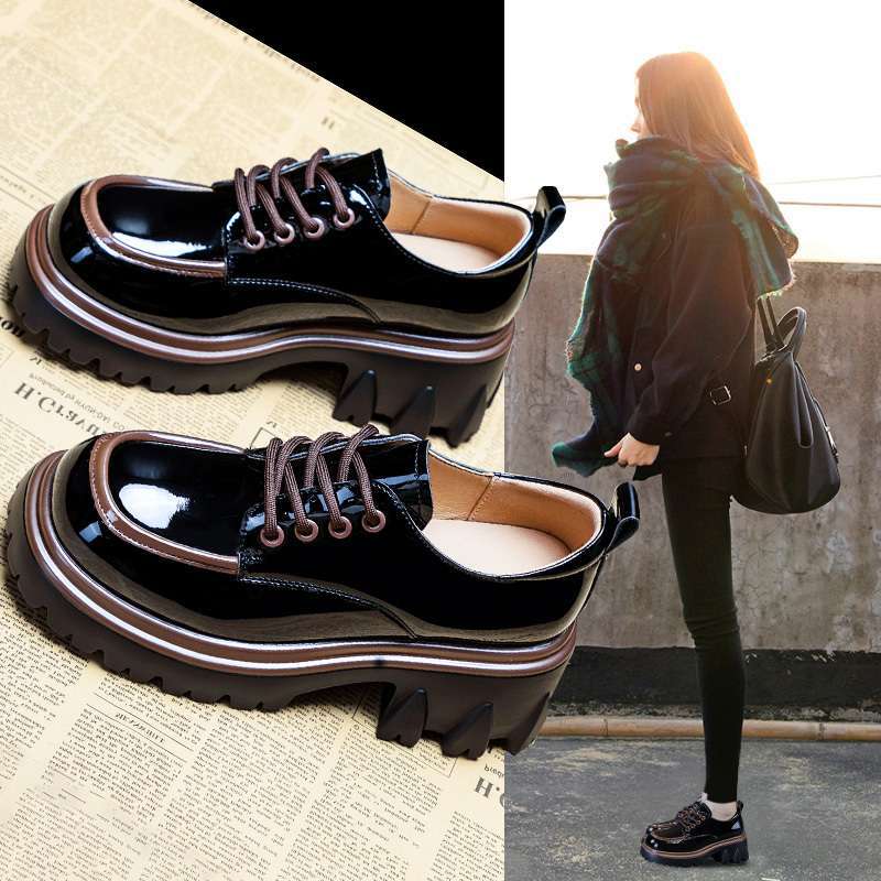 Size 35-43, large size thick-soled heightened retro British style small leather shoes women's 41 round head black lace-up versatile single shoes