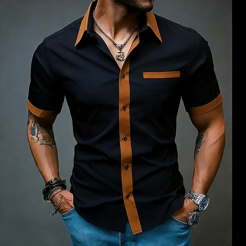 

Patchwork Color Shirts for Man Summer Short Sleeve Streetwear Vintage Mens Pocket Designer Camisas Social Western Work Shirts S чёрный