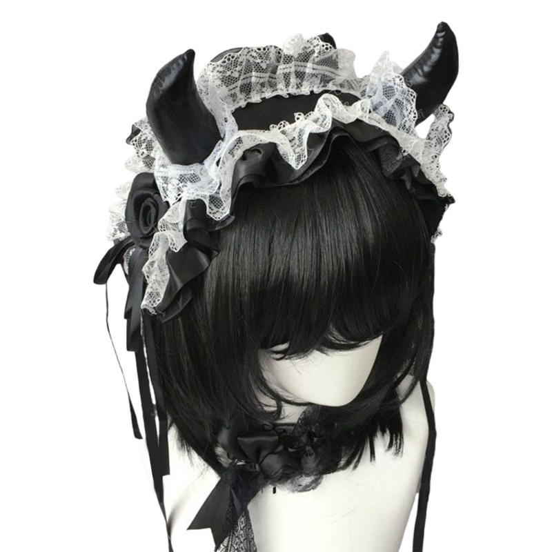 Devil Horn Headband Headpiece Gothic Lace Hairband Gothic Costume Accessories For Women Halloween Cosplay Music Festival