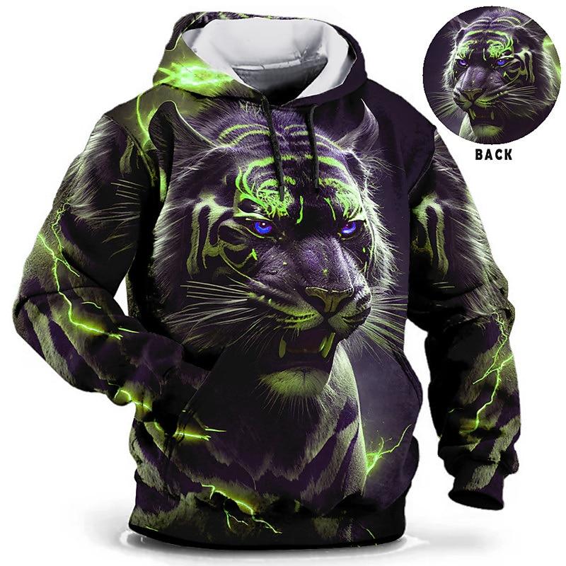 Men's hooded sweatshirt with dragon and tiger pattern for daily leisure, retro long sleeved hooded vacation, and sports