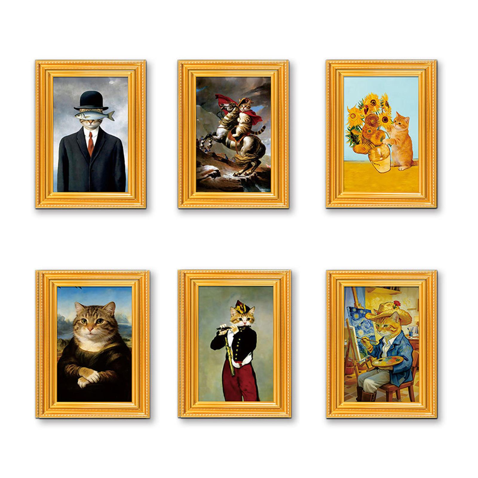 

Set of 6 Functional Refrigerator Magnets Cute Cats Art Print Small Painting Wood Frame Fridge Magnetic Sticker Ornaments