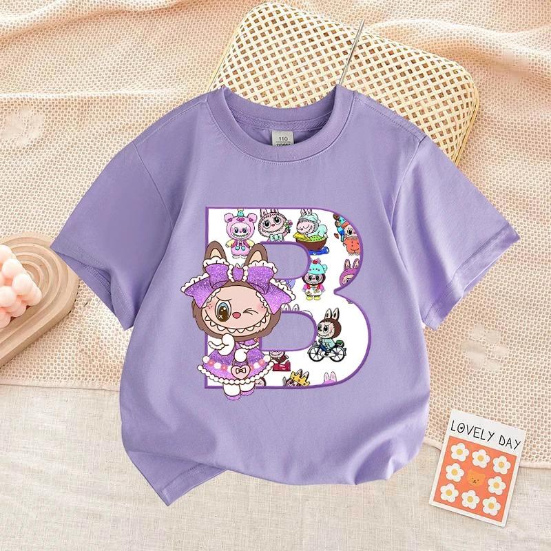 Cartoon Monster Elf Labubu Kids Adult Letter Printed T-shirt Summer Casual Women's Tees Top Girl and Boy Short Sleeve Clothing