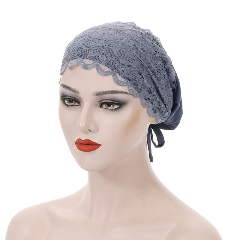 

Fashion Elegant Turban Hat Solid Color Breathable Hijab Cap Tie Straps Elastic Beanie Bonnet Female Head Covering темно серый