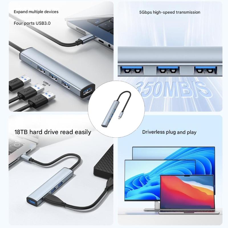 USB3.0 Type C Expansion Dock 4Port Super Speed 5Gbps for PC Mouse Keyboards Plug and Play Portable Design