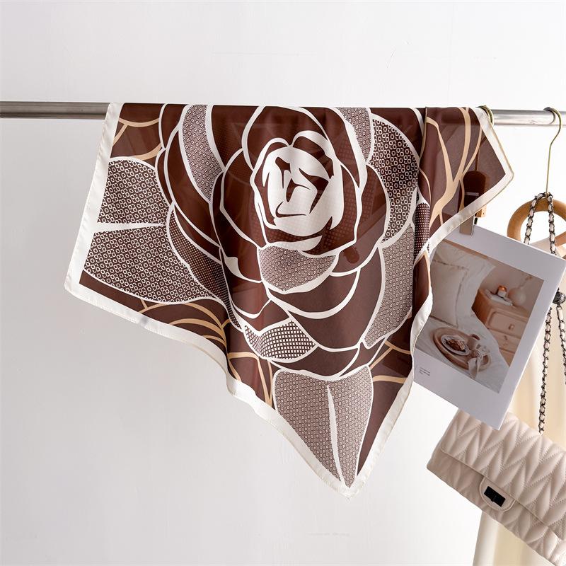 Geometric Rose Print Silk Scarf Square Scarf High-End Shawl Professional Versatile Neck Small Square Scarf Headscarf
