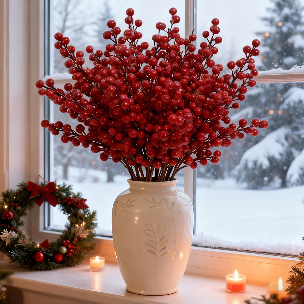 30/1branch Christmas Artificial Berries Stem Red Holly Berry Fake Flowers Plant for Xmas Tree New Year Party Home Decor Ornament