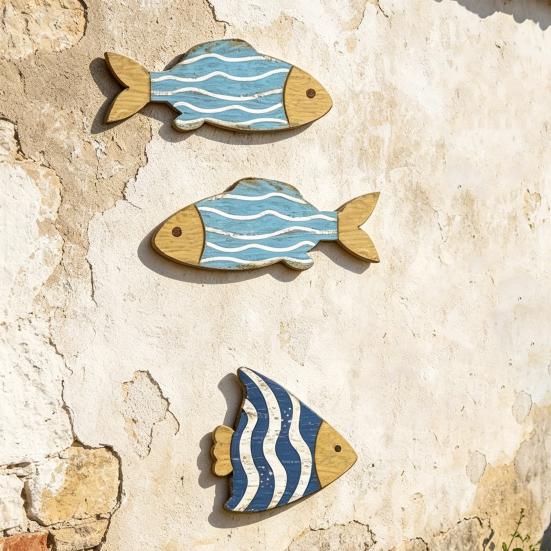 3 Stück Holzfisch Nautische Wanddekoration Strand Küstenfisch Wandkunst Rustikale Fisch Hängende Skulptur für Badezimmer Seehaus Dekoration