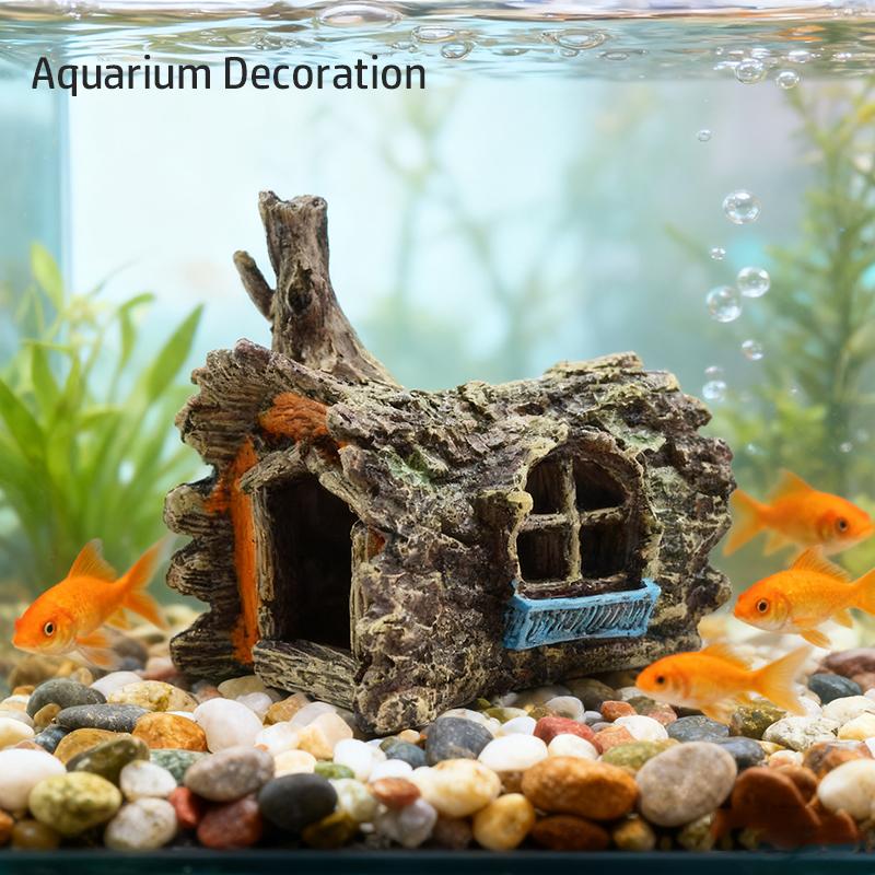 Resin Aquarium Bark Cave Ornament Fade-Resistant Hideaway with Fake Plant Coral Rock for Freshwater Saltwater Tank