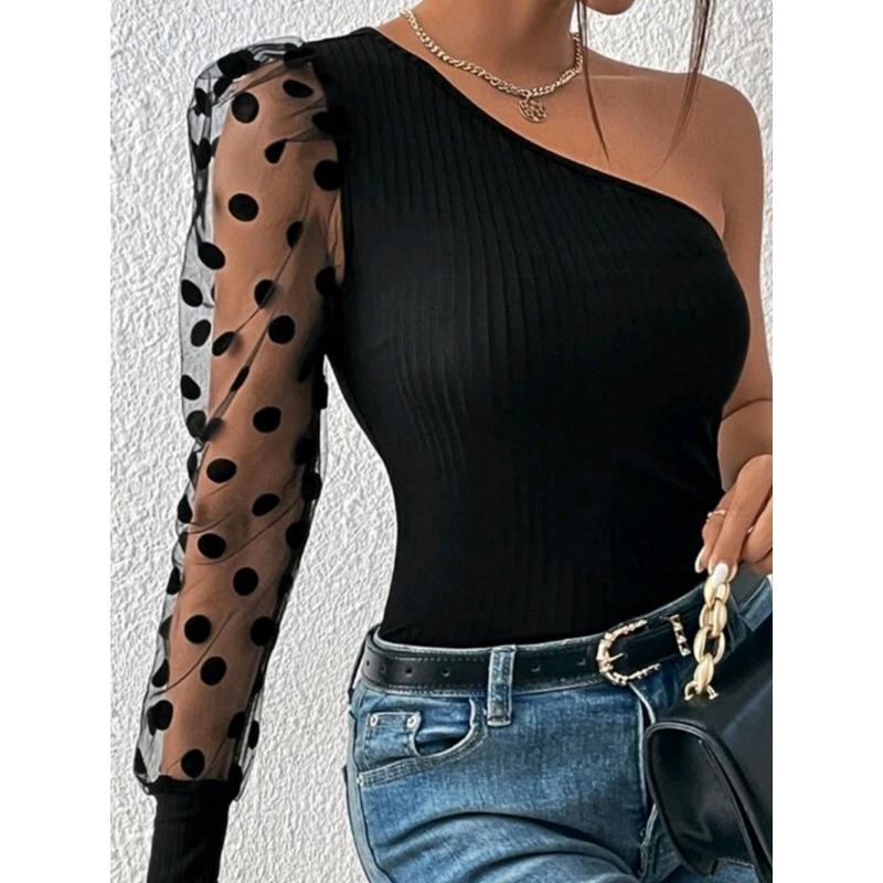 Women's New Off-shoulder Single-sleeved Polka Dot Mesh Long Sleeve Waist-hugging Slimming Women's Top T