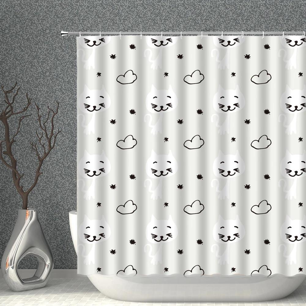 Cartoon Cat White Shower Curtain Waterproof Pattern Print Polyester Bath Curtains Multi-Size With Hooks Bathroom Screen Decor