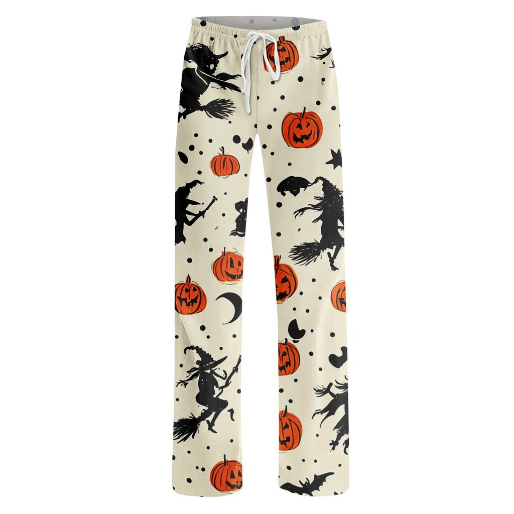 Damen elastische Taille Kordelzug Hose Halloween Print Lässige Loungehose Vollständige Länge Entspannte Passform Schlafanzug Hose