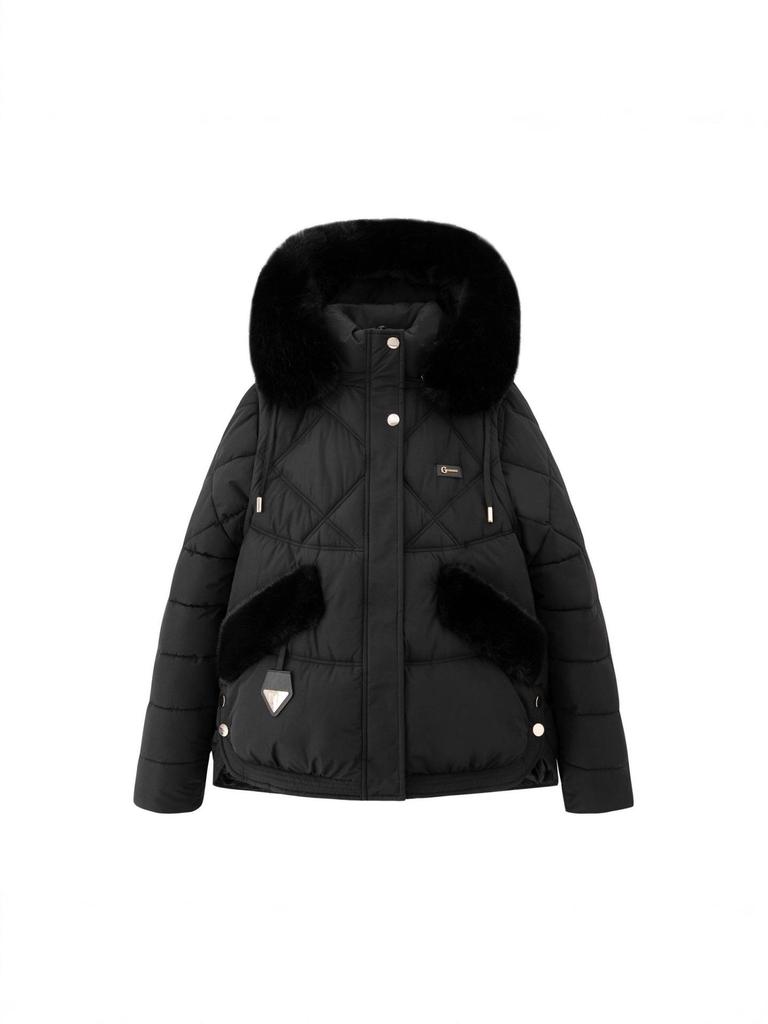 Korte Dameskatoenen Jas met Grote Bontkraag - 2025 Winter Koreaanse Stijl Slim Fit Jas