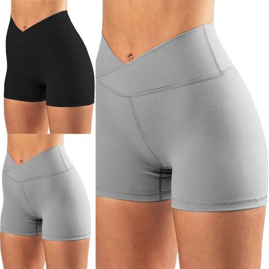 Women High Waist Solid Color Skinny Cross Waist Hip Lift Workout Yoga Sports Shorts