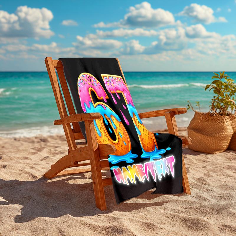 1PC Custom Name Summer Ice Cream Party Beach Towel Highly Absorbent And Sand-Resistant Towel for Swimming, Pool, Yoga, And Travel Lightweight
